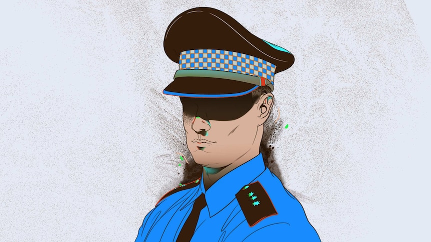 An illustration shows a male police officer, the brim of his hat casting shadow over his face.