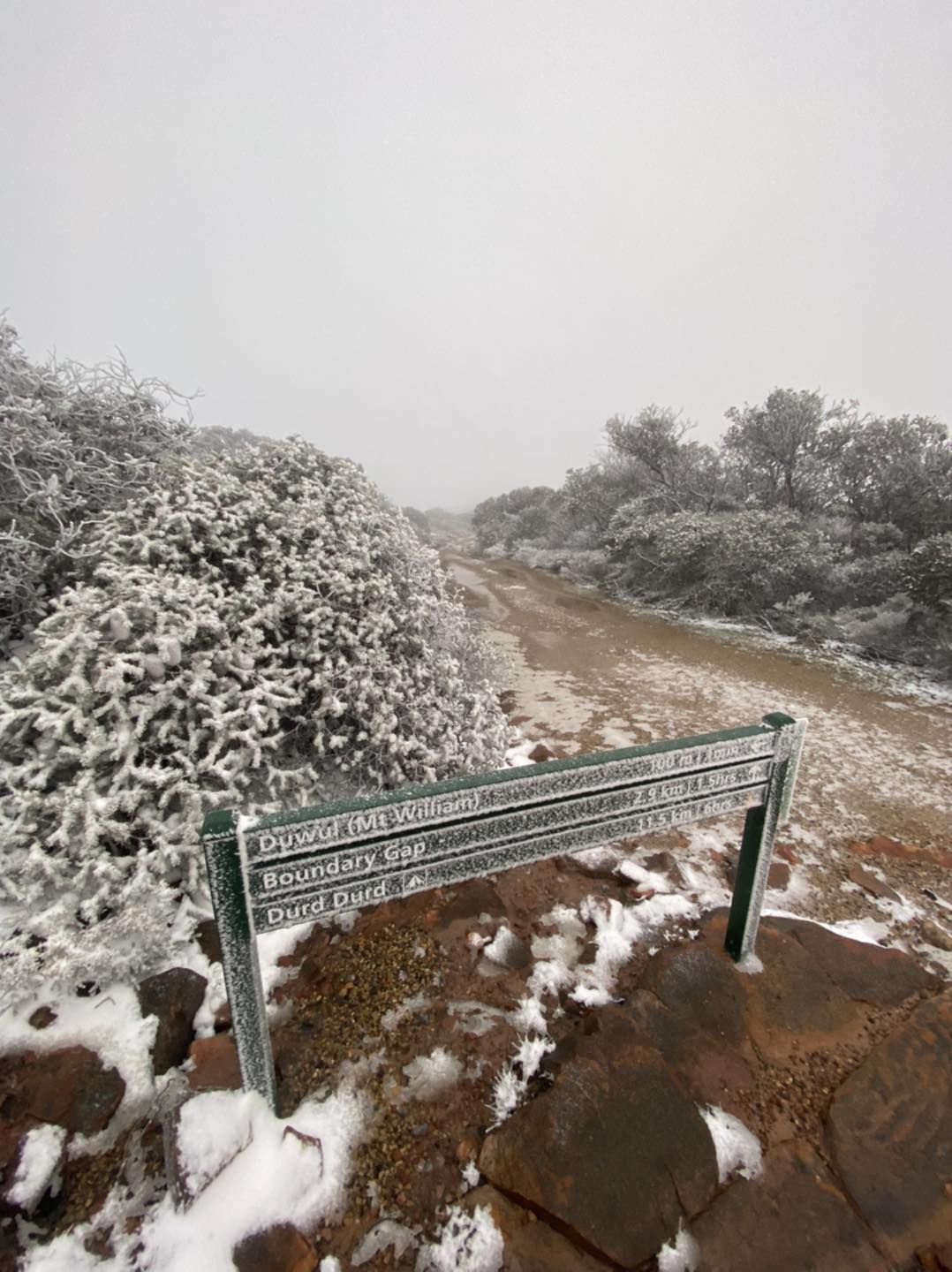 A sign at the foot of an alpine trail dusted with snow.