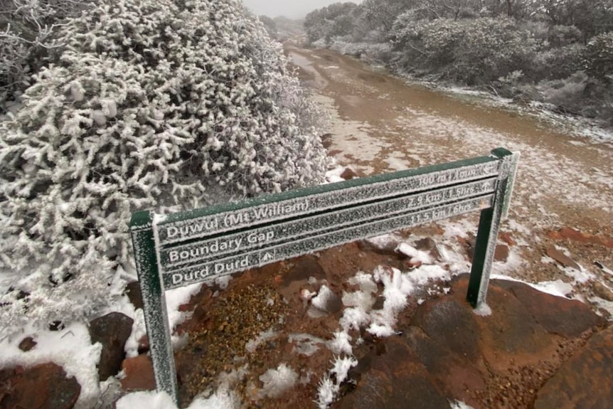 A sign at the foot of an alpine trail dusted with snow.