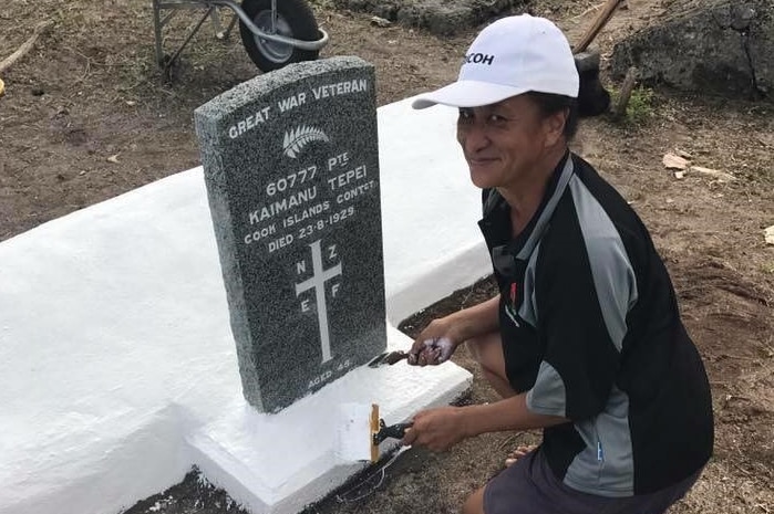Teremoana Hardie painting her great-uncle's grave