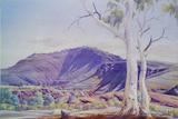 A watercolour painting of a mountain and gum tree in Central Australia.