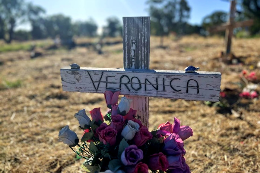 A white cross reads "RIP Veronica", with flowers and turtle statues around it.