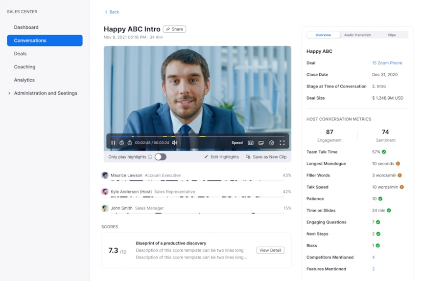 A screenshot of a sales video with analytics and sentiment analysis