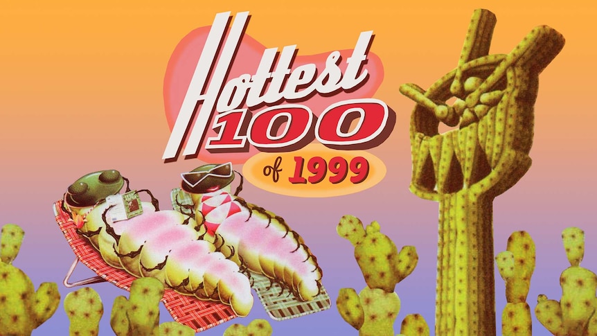 Illustration of bugs sunbaking and a cactus the shape of the triple j logo. Text on image reads 'Hottest 100 of 1999'.