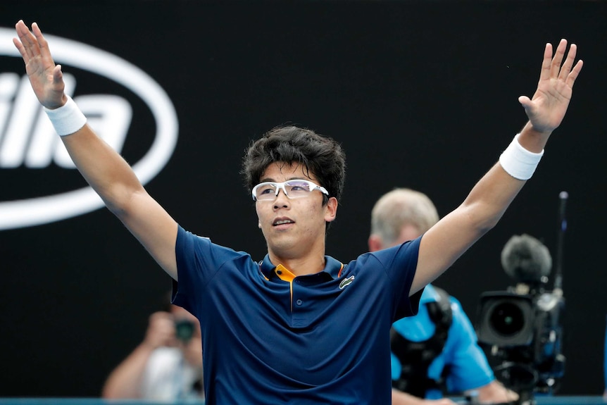 Hyeon Chung celebrates win over Alexander Zverev at the Australian Open