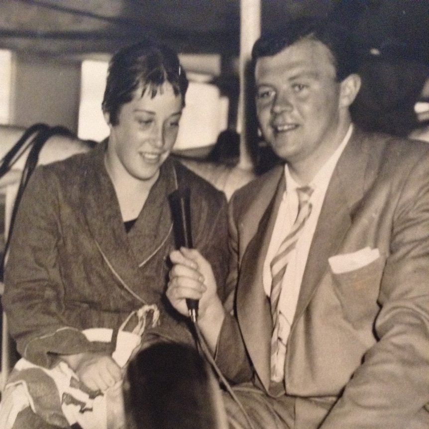 Sandra Morgan-Beavis being interviewed on television after her Olympic gold medal win in 1956.