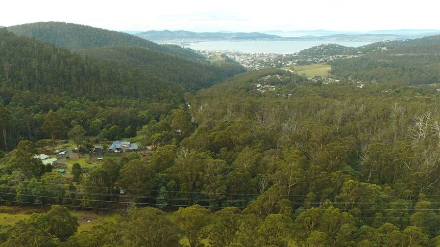 View from over Old Farm Road to Hobart, as seen from drone, June 2018.