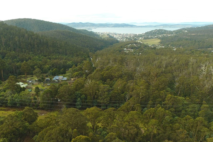 View from over Old Farm Road to Hobart, as seen from drone, June 2018.