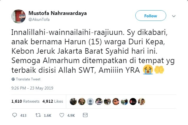 cuplikan gambar akun Mustofa Nahrawardaya