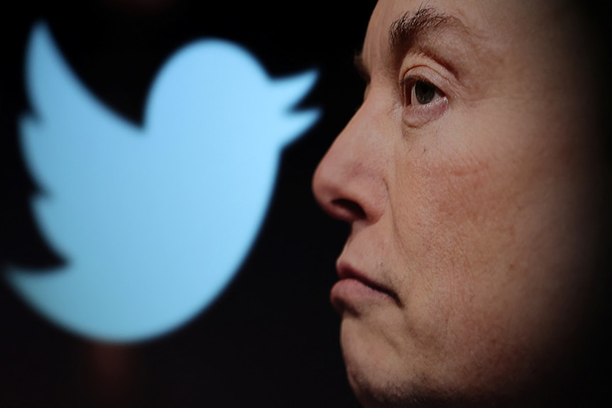 a close up of elon musk's profile, frowning, with the twitter logo in the background against black background