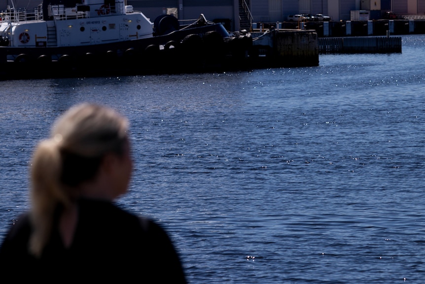 A blonde woman sits down facing the ocean. Her back is turned to the camera.