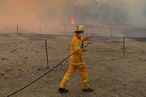 Firefighter with a hose in a paddock surrounded by smoke and a fire in the background.