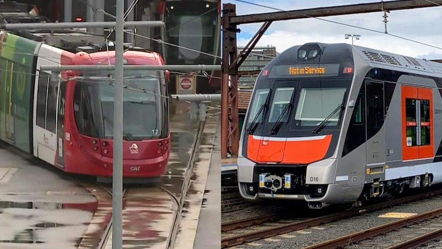 a light rail and a train