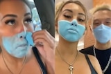 A composite image of a young woman painting blue paint on her face to look like a mask