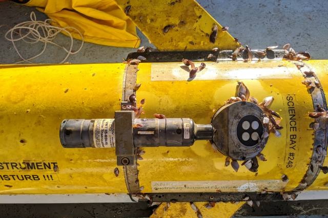 The yellow ocean glider machine covered in barnacles on the deck of a boat.