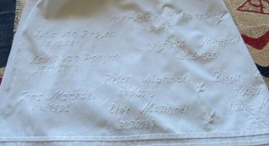 close up of fabric with embroidered names on it