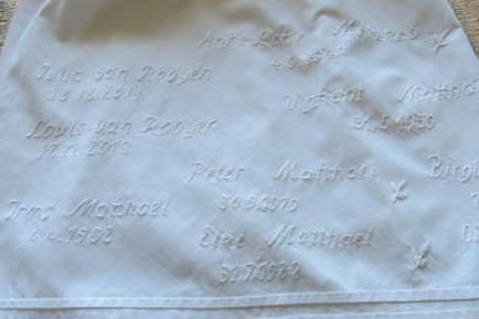 close up of fabric with embroidered names on it