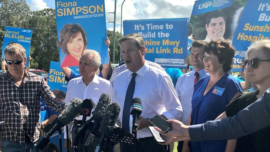 Tim Nicholls and some of his MPs on the Sunshine Coast announcing $215 million towards a hospital link road.