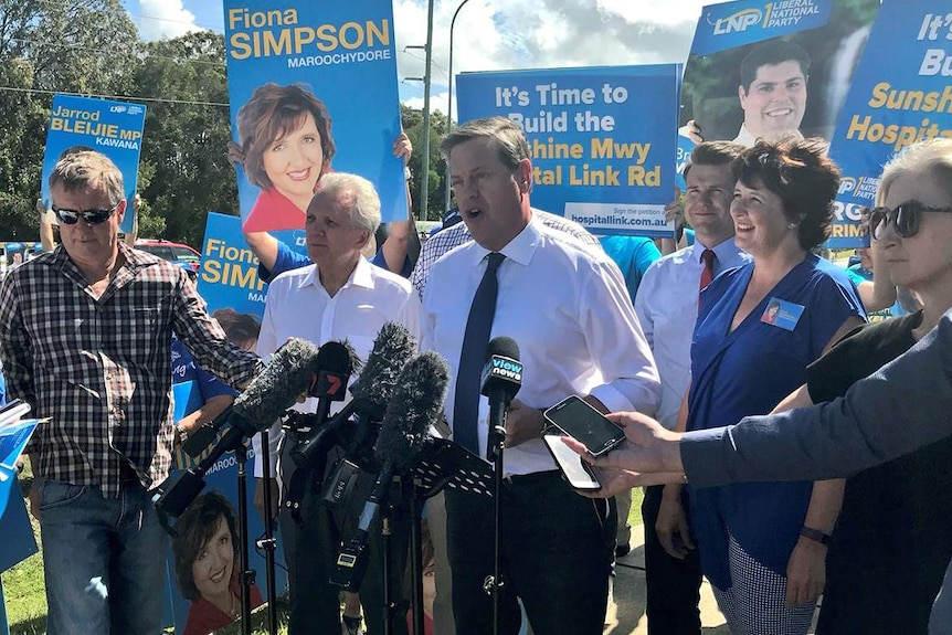 Tim Nicholls and some of his MPs on the Sunshine Coast announcing $215 million towards a hospital link road.