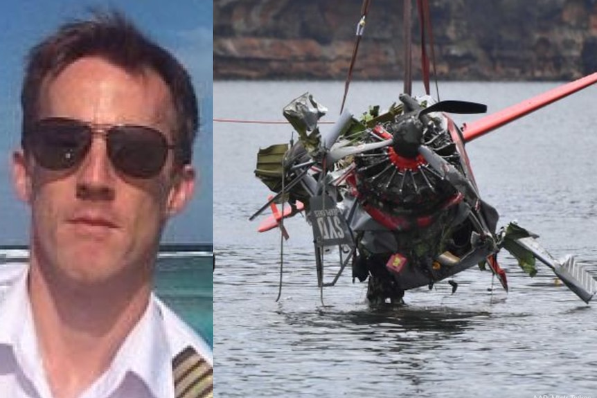 A composite image of a man looking at the camera, and a plane being lifted out of the water.
