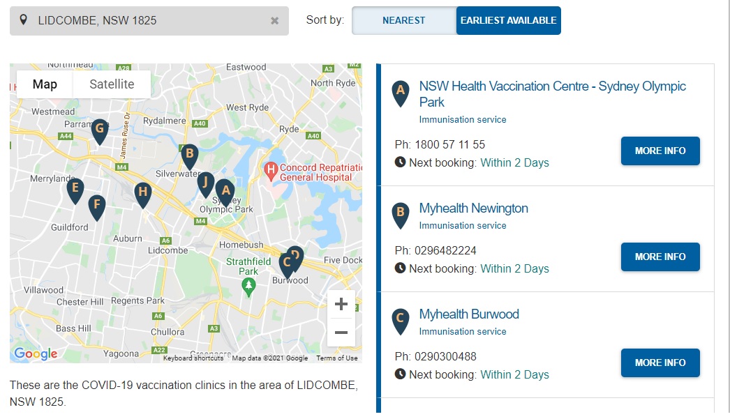 NSW vaccine clinic finder map of Lidcombe and surrounds.