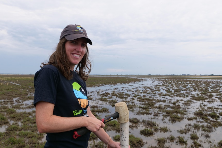 A woman standing in front of the wetlands holding a mallet and pipe used to take samples of the soil. 