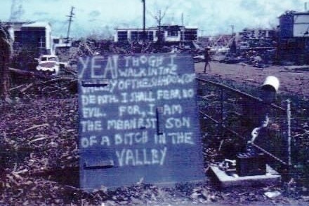 A sign in Parap after Cyclone Tracy hit Darwin in 1974.