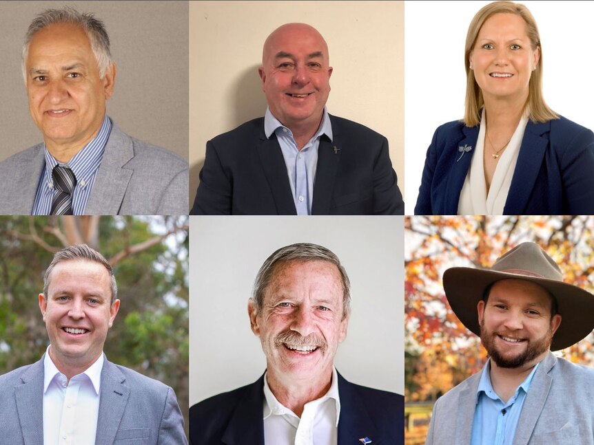 A split image of six people – five men and a woman – who are running for local government.