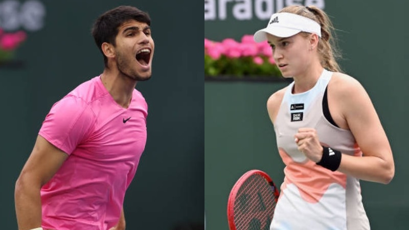 A composite image of Carlos Alcaraz (left) and Elena Rybakina at Indian Wells.