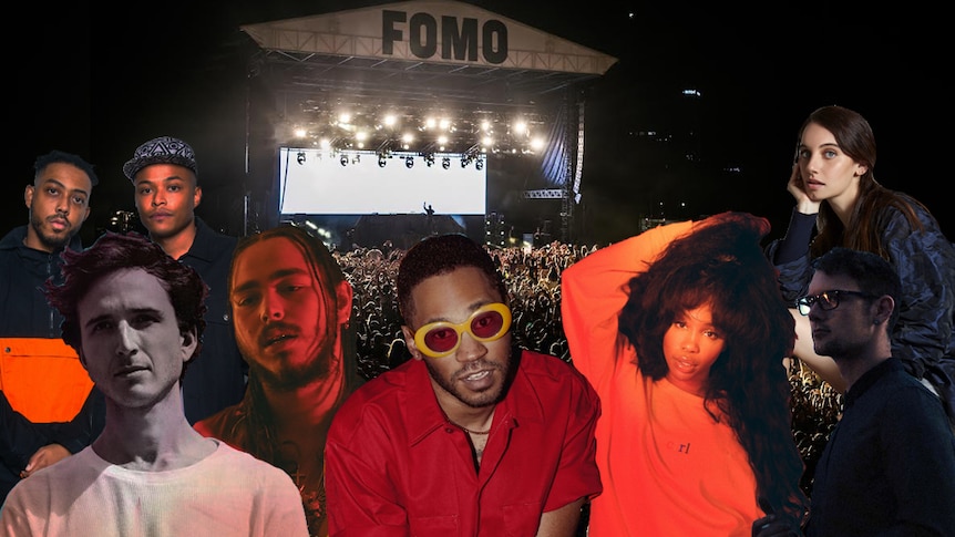 A FOMO 2018 line-up collage ft Stööki Sound, RL Grime, Post Malone, Kaytranada, SZA, The Kite String Tangle and Nina Las Vegas