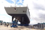 Air Warfare Destroyer Hobart sits on the dock