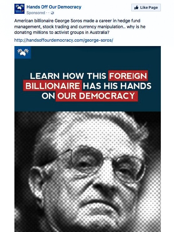A Facebook ad by the page Hands Off Democracy featuring words in opposition to billionaire George Soros above a picture of Soros