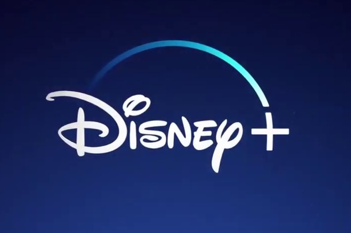 A white Disney plus log against a dark blue background.