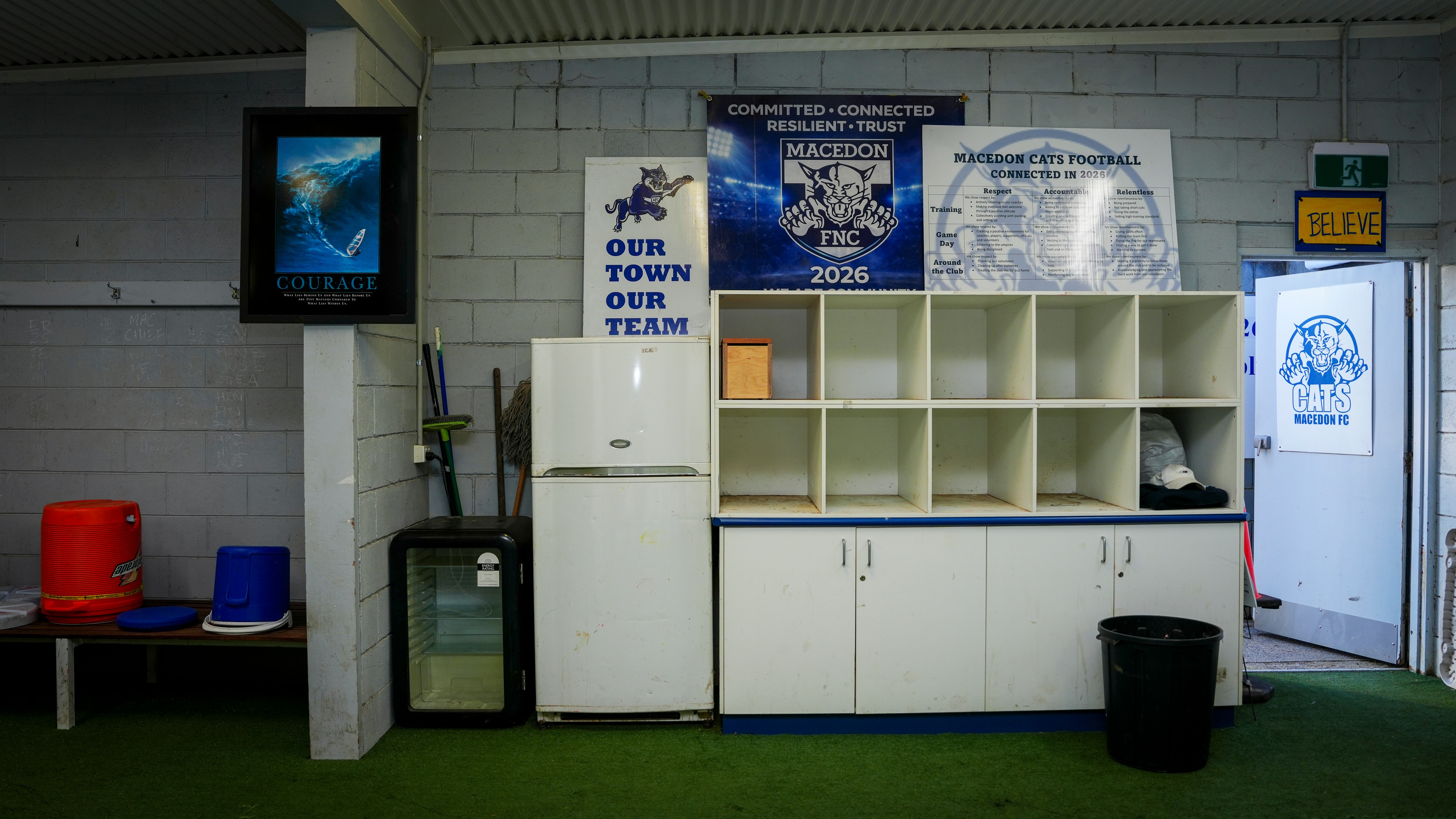 There is a 'believe' sign above the door at MFNC' changerooms.