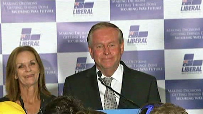 WA Premier Colin Barnett delivers victory speech.