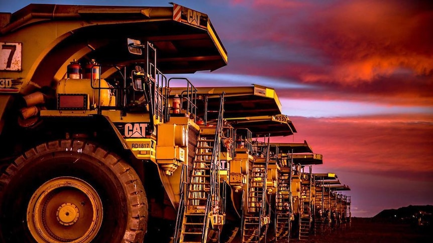 Mining trucks lined up at dawn.