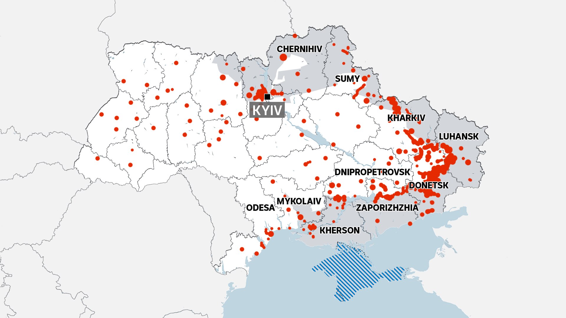 A map of Ukraine with red dots showing the concentration of landmine contamination across regions. 
