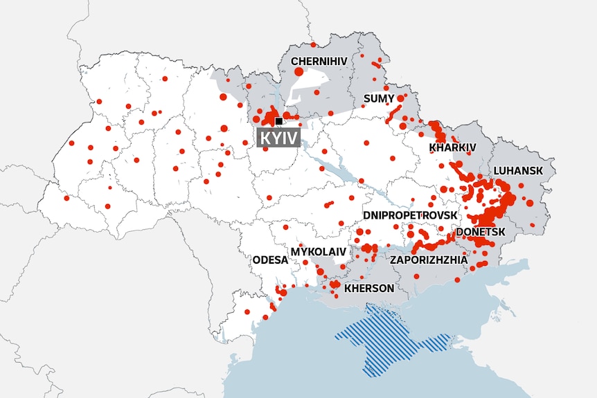 A map of Ukraine with red dots showing the concentration of landmine contamination across regions. 