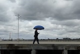 Alan Kohler walking along a jetty under cloudy skies holding an open umbrella