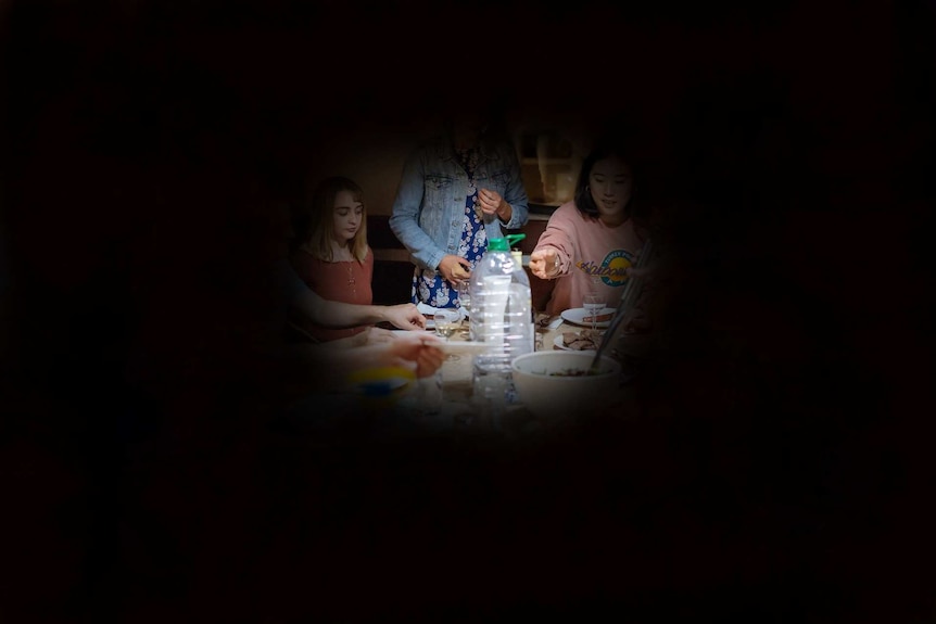 An example of tunnel vision. The image is mostly black with the centre showing parts of a family dinner at the table.