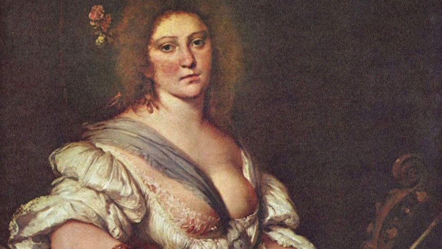 A painting of Barbara Strozzi holding a viola da gamba. She has a red flower in her hair and her dress reveals one breast.