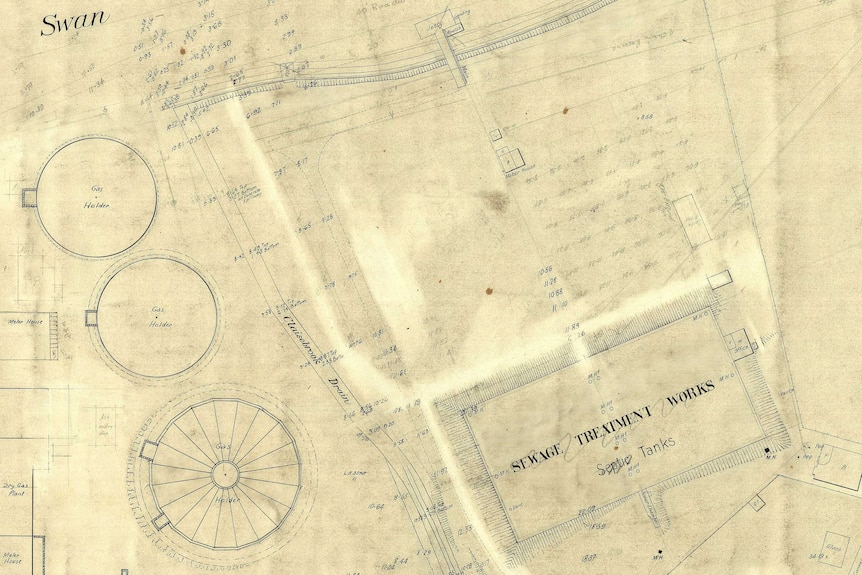 Hand drawn black and white survey map showing Claisebrook drain.