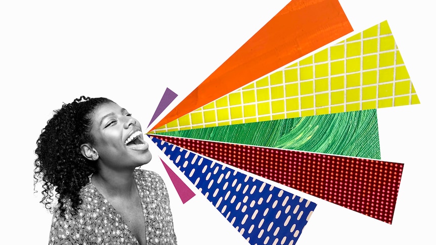 a woman looking happy with her mouth open as if she is shouting something with joy. colourful shapes are coming out of her mouth