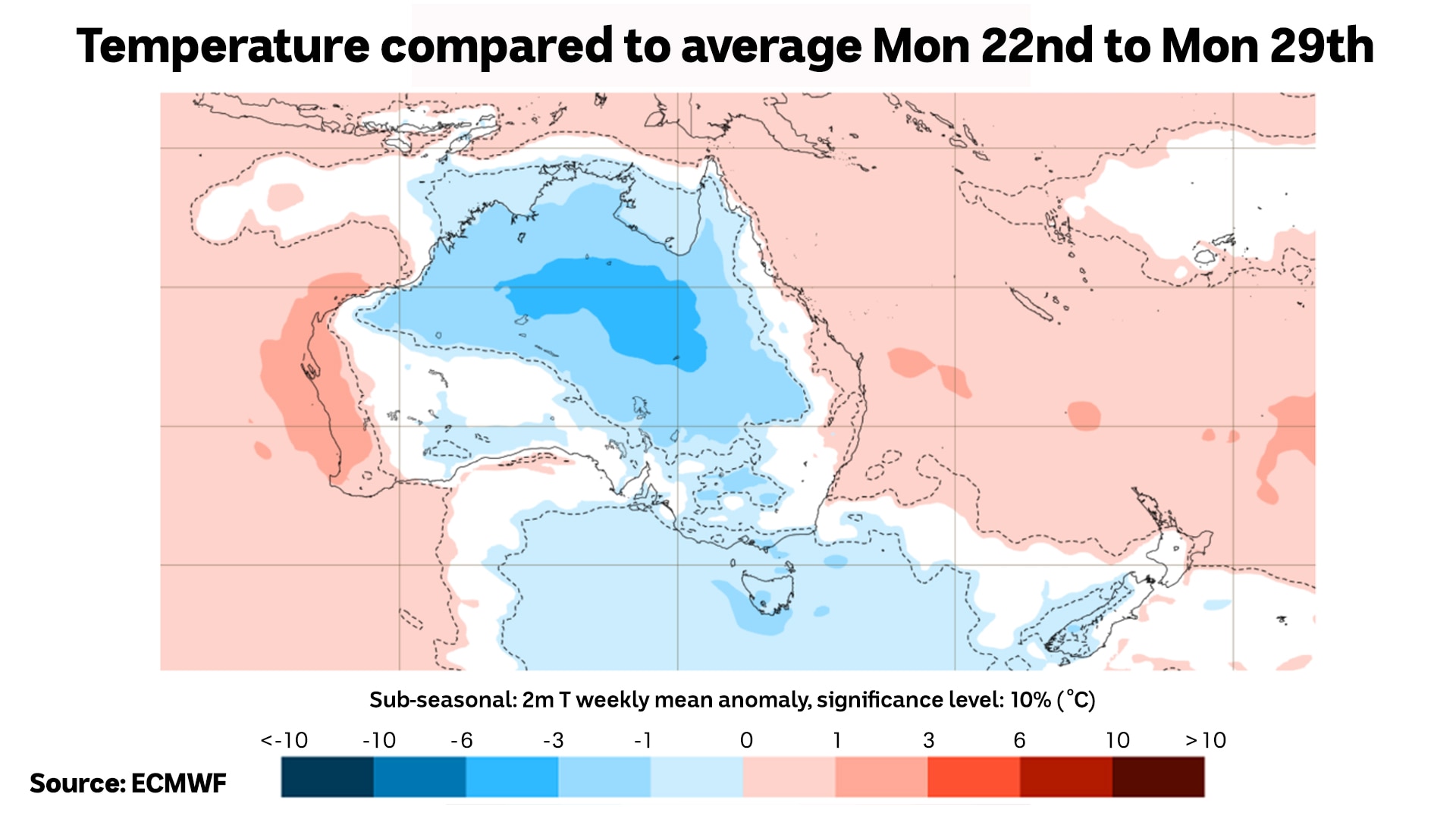 Um mapa meteorológico da Austrália mostra Medellín do Centro Europeu de Previsões Meteorológicas de Médio Prazo.