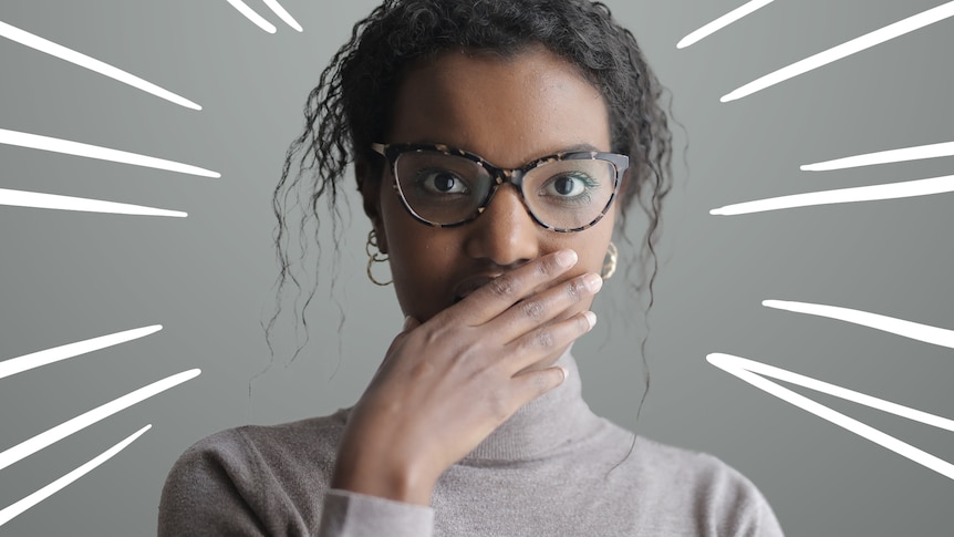 Woman with hand to her mouth and stress lines drawn around her head to depict when every little thing makes you nervous.