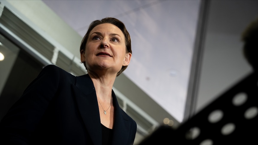 A woman in a suit jacket stands at a lectern.