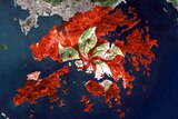 A map of Hong Kong with a red flag with white flower at the centre superimposed over it.