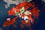 A map of Hong Kong with a red flag with white flower at the centre superimposed over it.