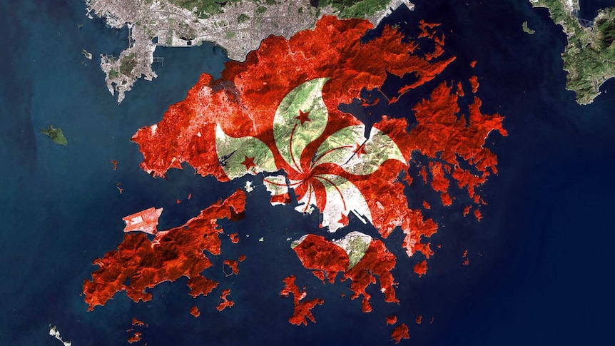 A map of Hong Kong with a red flag with white flower at the centre superimposed over it.