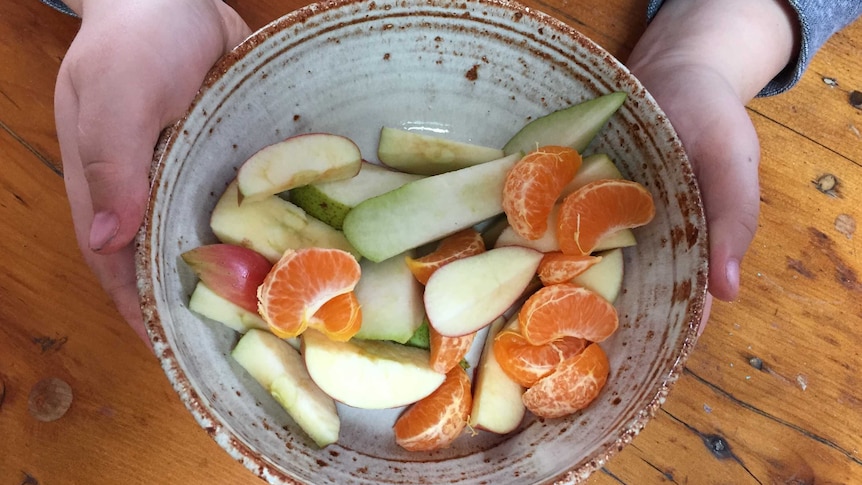 a child holds a bowl of fruit